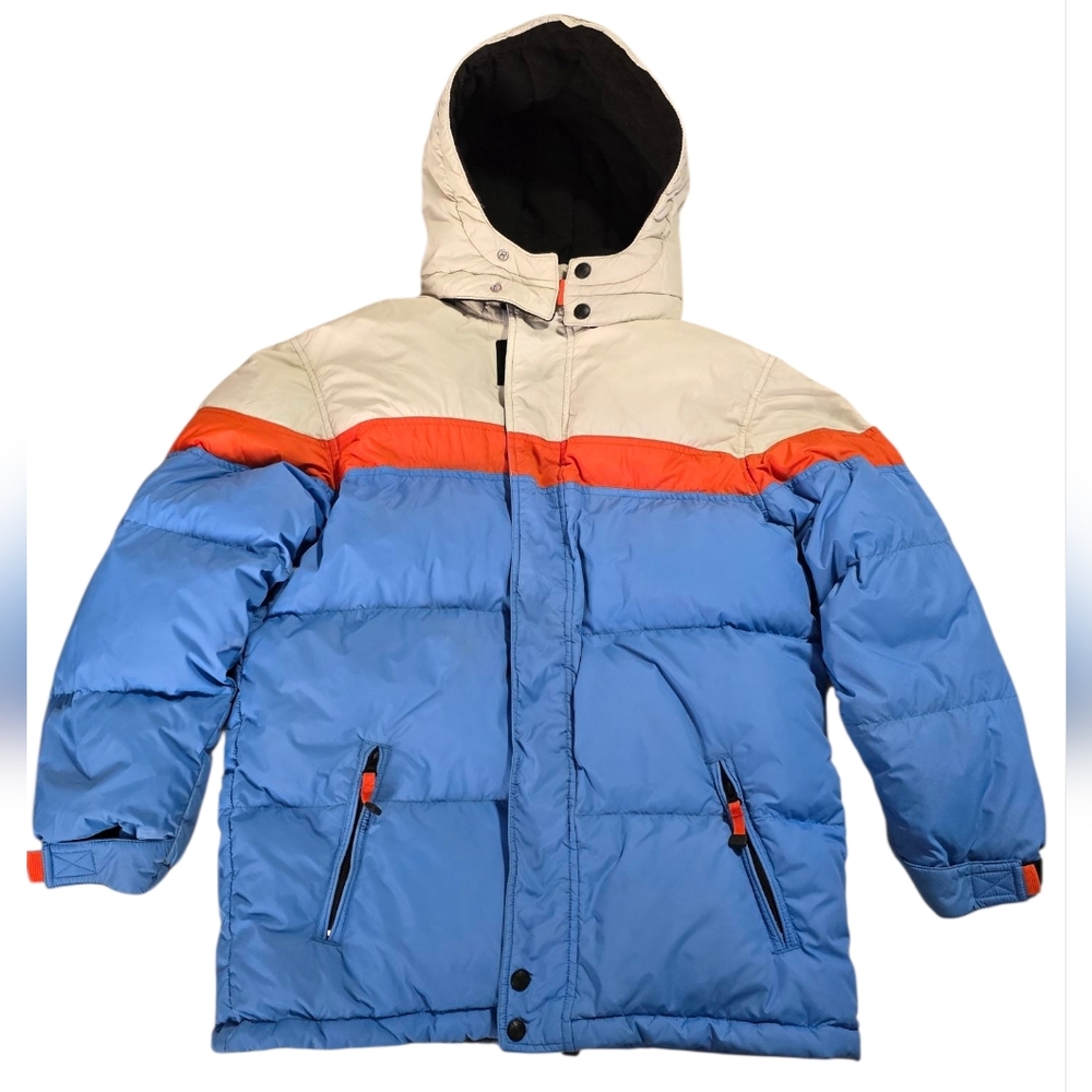 GAP Blue and Cream Puffer Jacket with Orange Accents